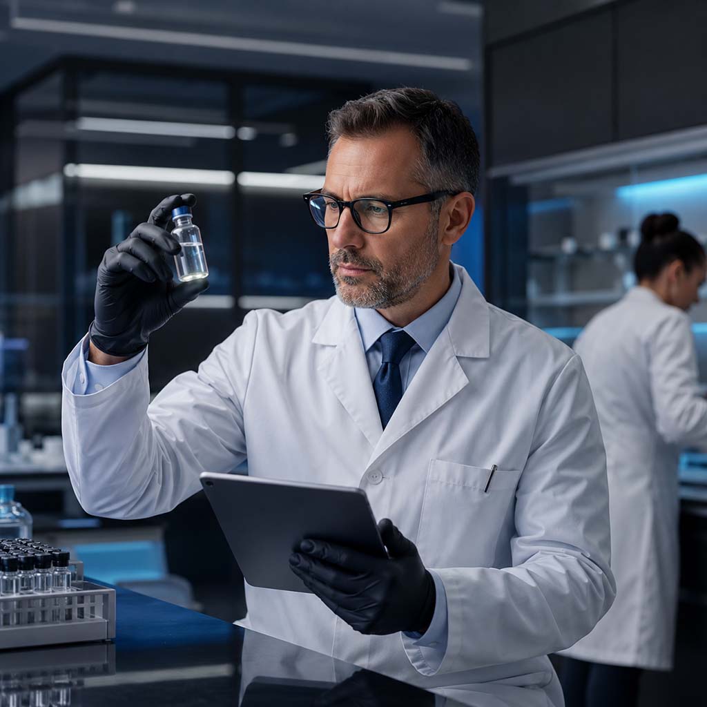 Pharmacist Inspecting a Medication Vial